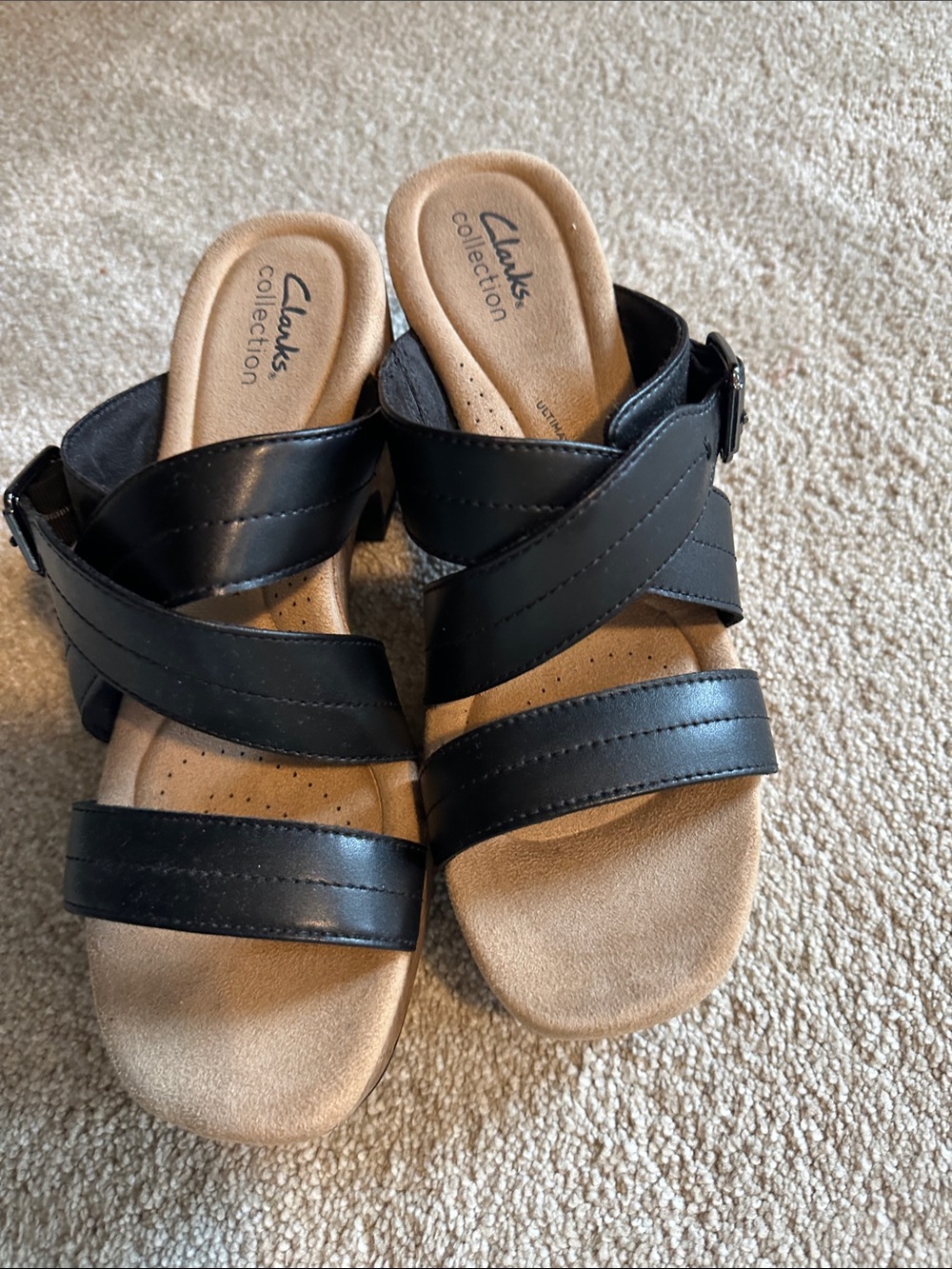Clarks Black Leather Crisscross Buckle Slide Sandals